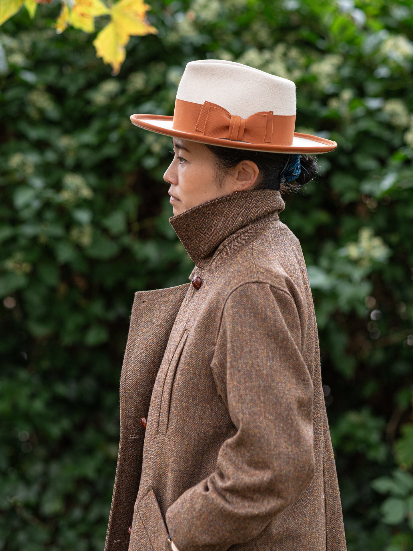 Long Peacoat / Brown Herringbone Tweed