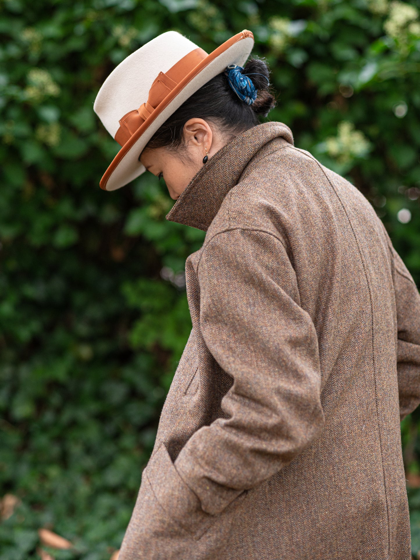 Long Peacoat / Brown Herringbone Tweed