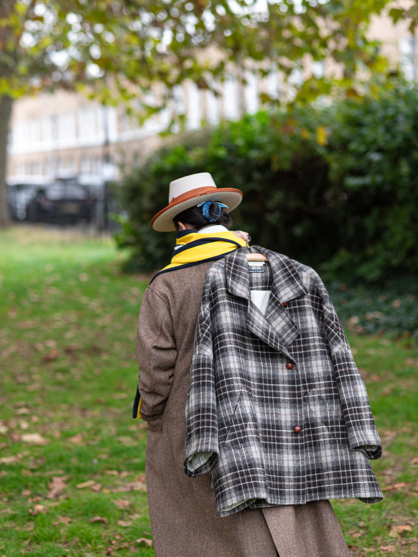 Long Peacoat / Brown Herringbone Tweed