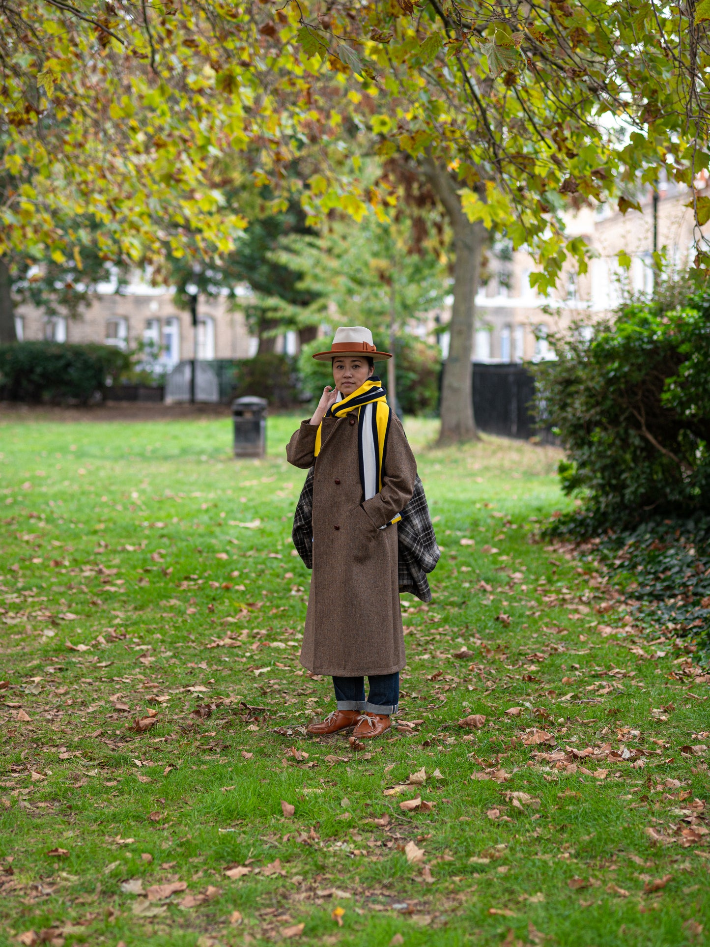 Long Peacoat / Brown Herringbone Tweed