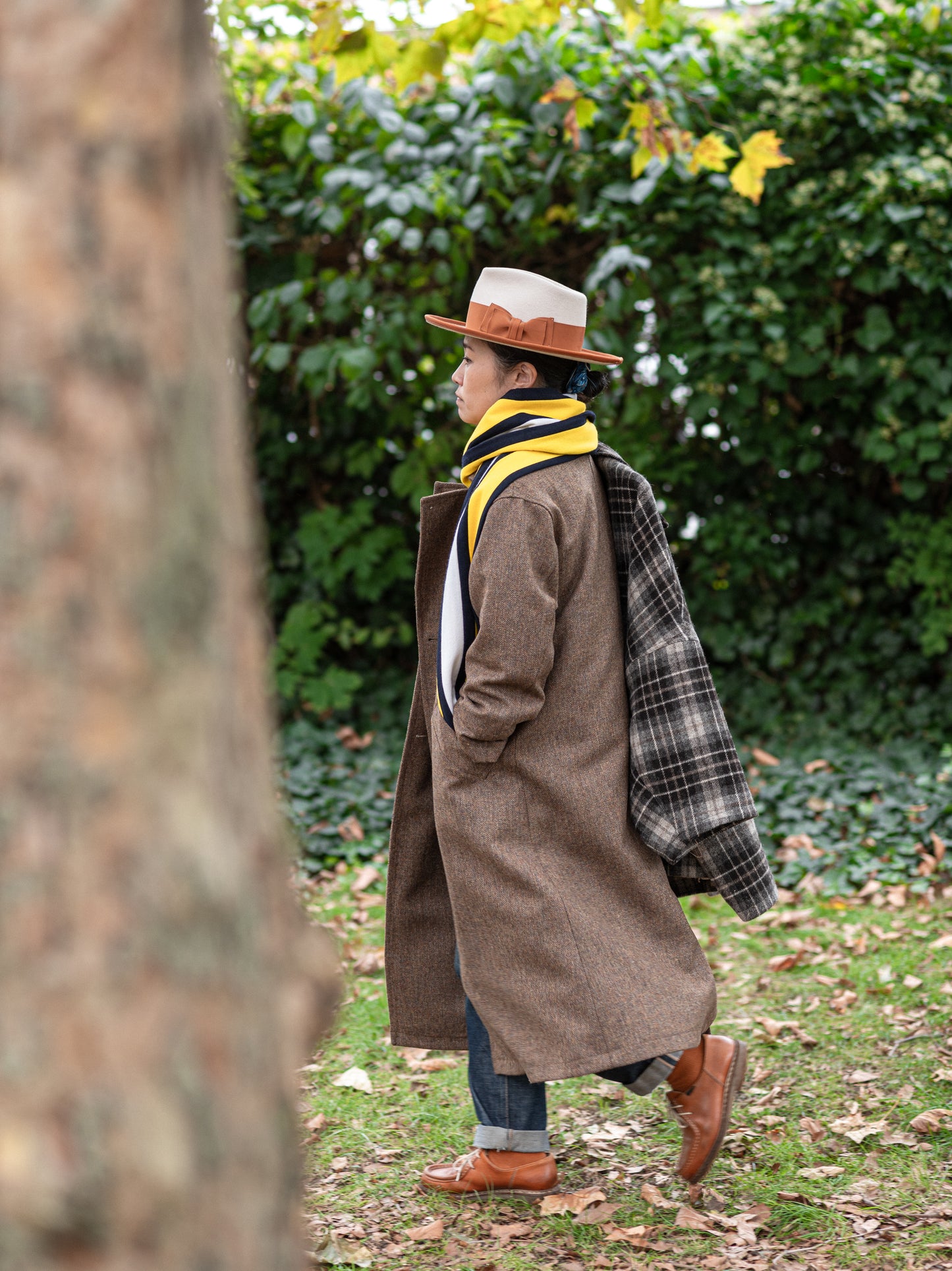 Long Peacoat / Brown Herringbone Tweed