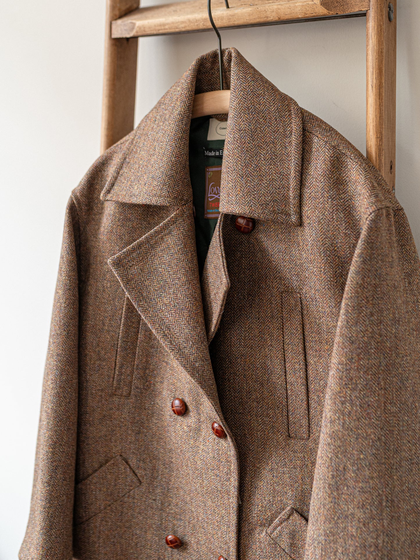 Long Peacoat / Brown Herringbone Tweed