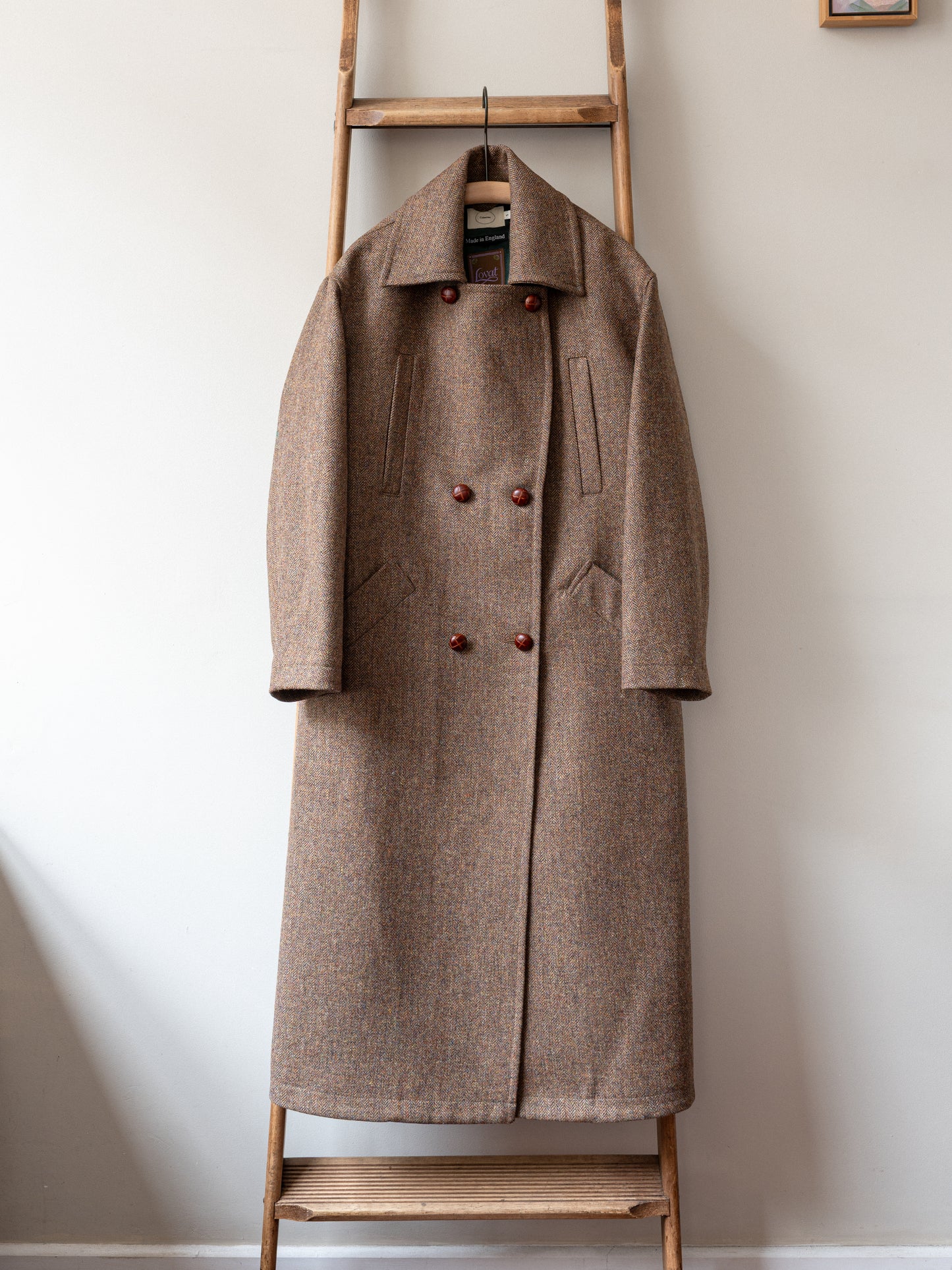Long Peacoat / Brown Herringbone Tweed