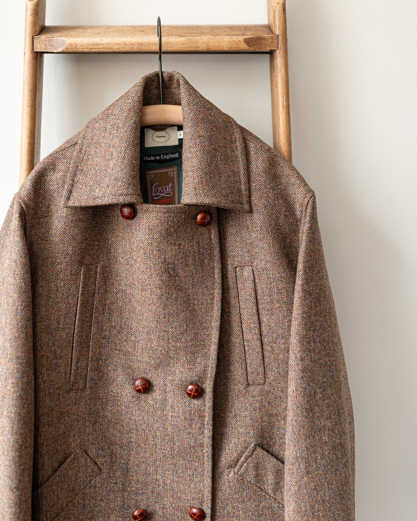 Long Peacoat / Brown Herringbone Tweed
