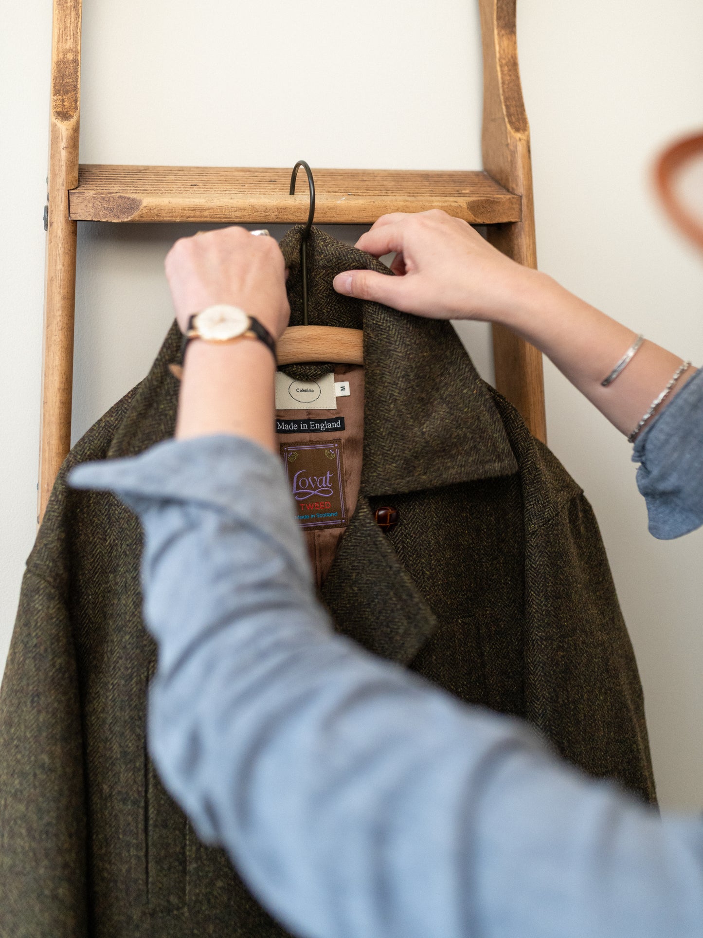 Long Peacoat / Khaki Herringbone Tweed