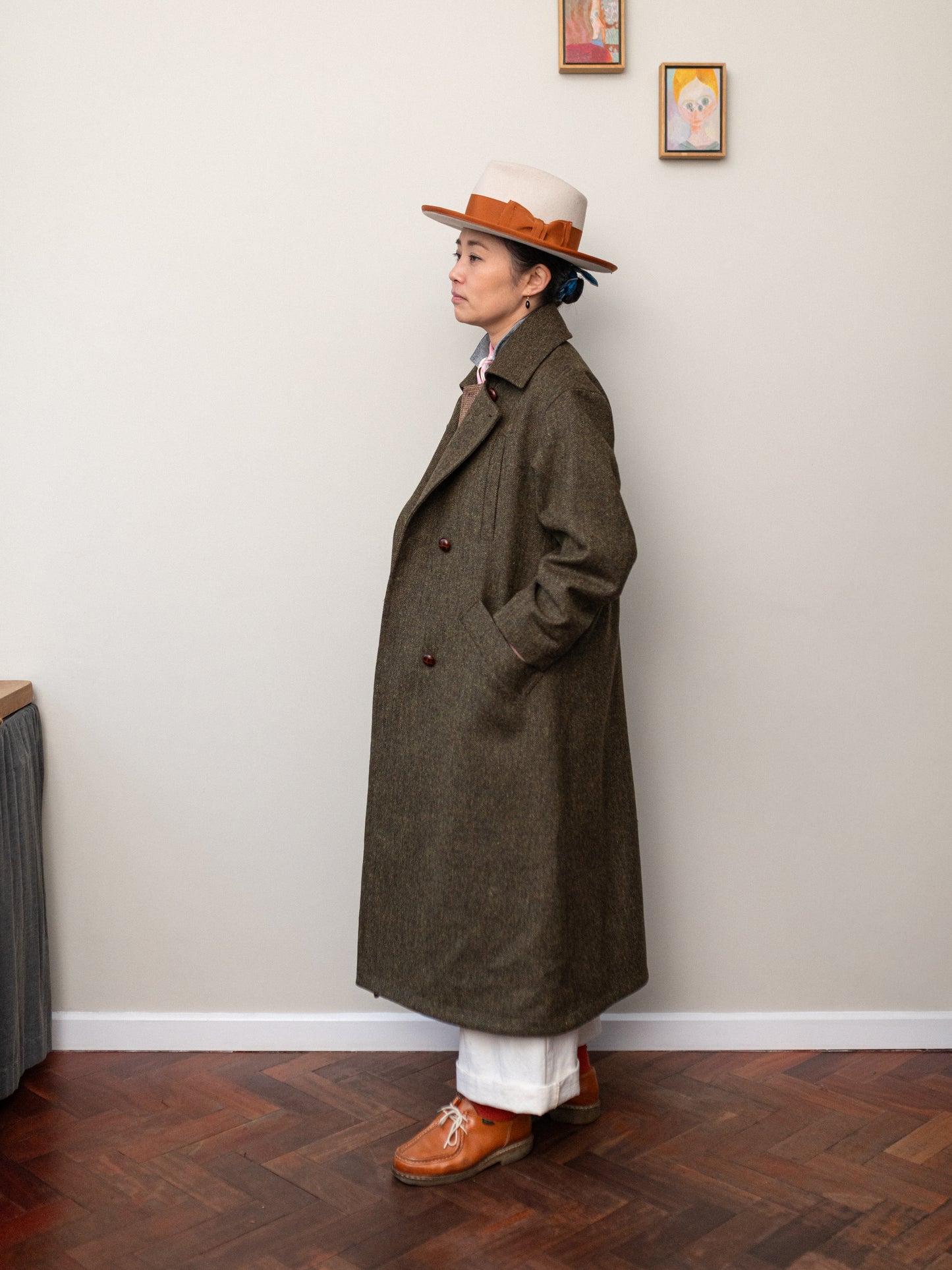 Long Peacoat / Khaki Herringbone Tweed