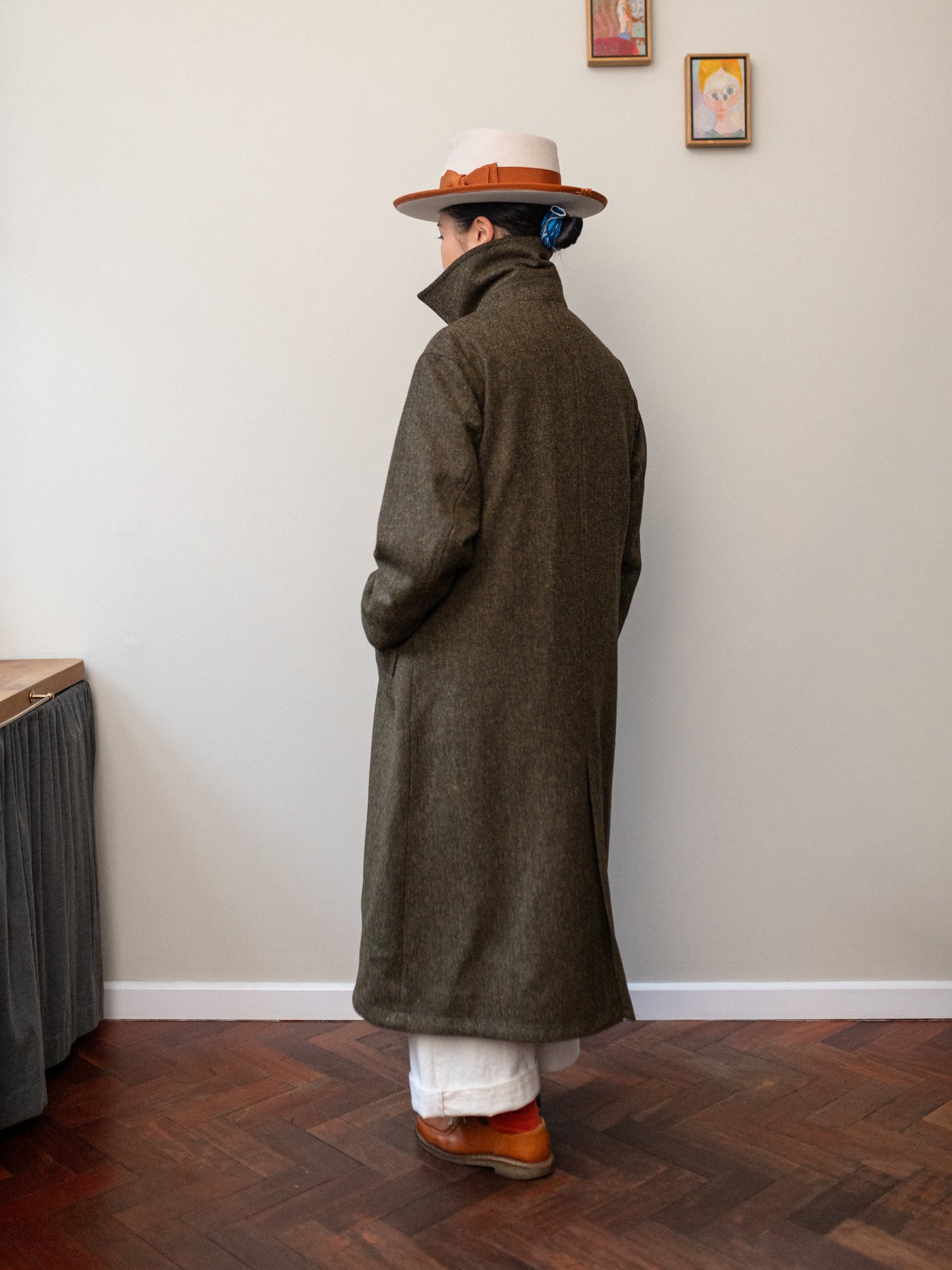 Long Peacoat / Khaki Herringbone Tweed