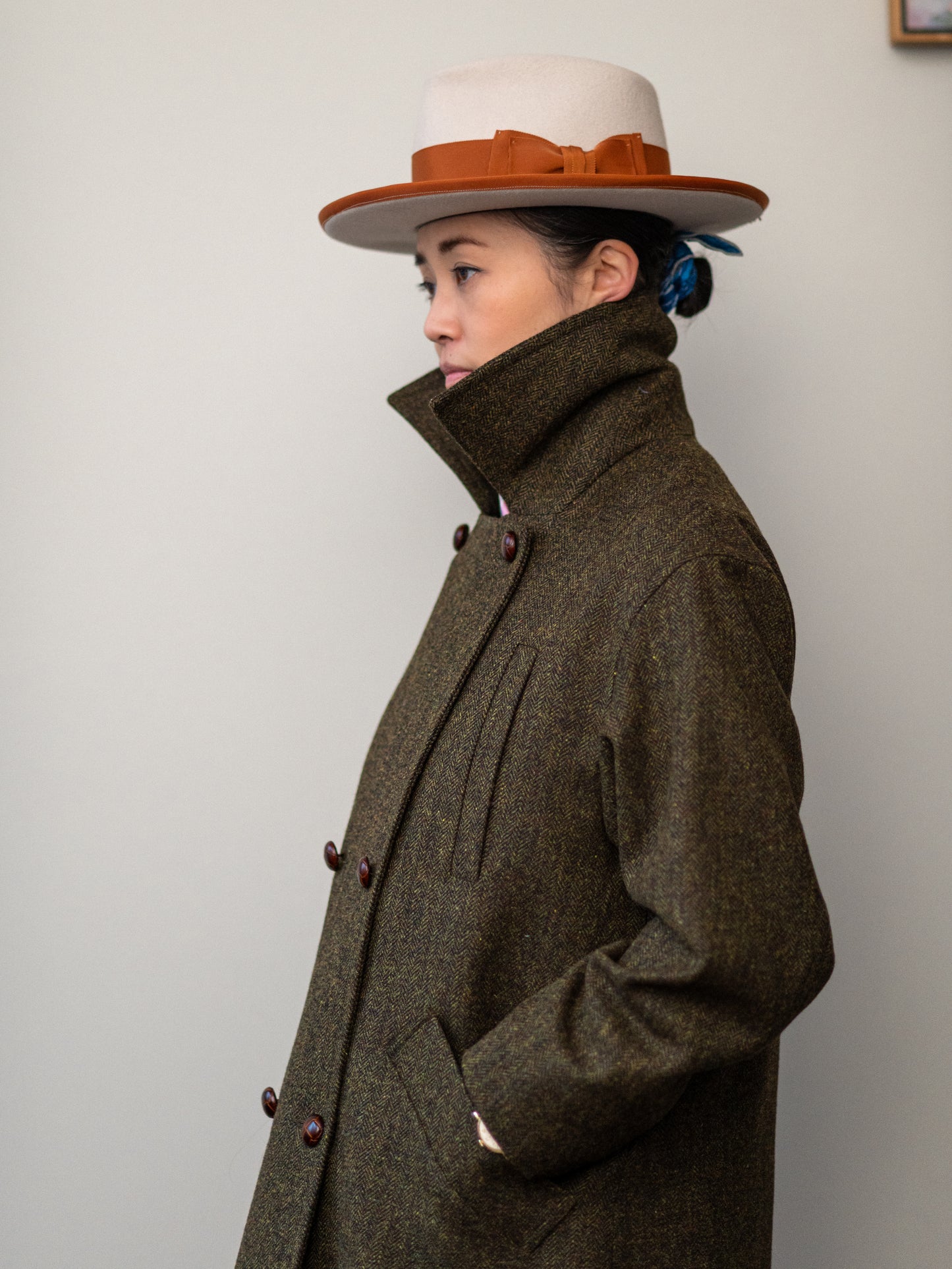 Long Peacoat / Khaki Herringbone Tweed