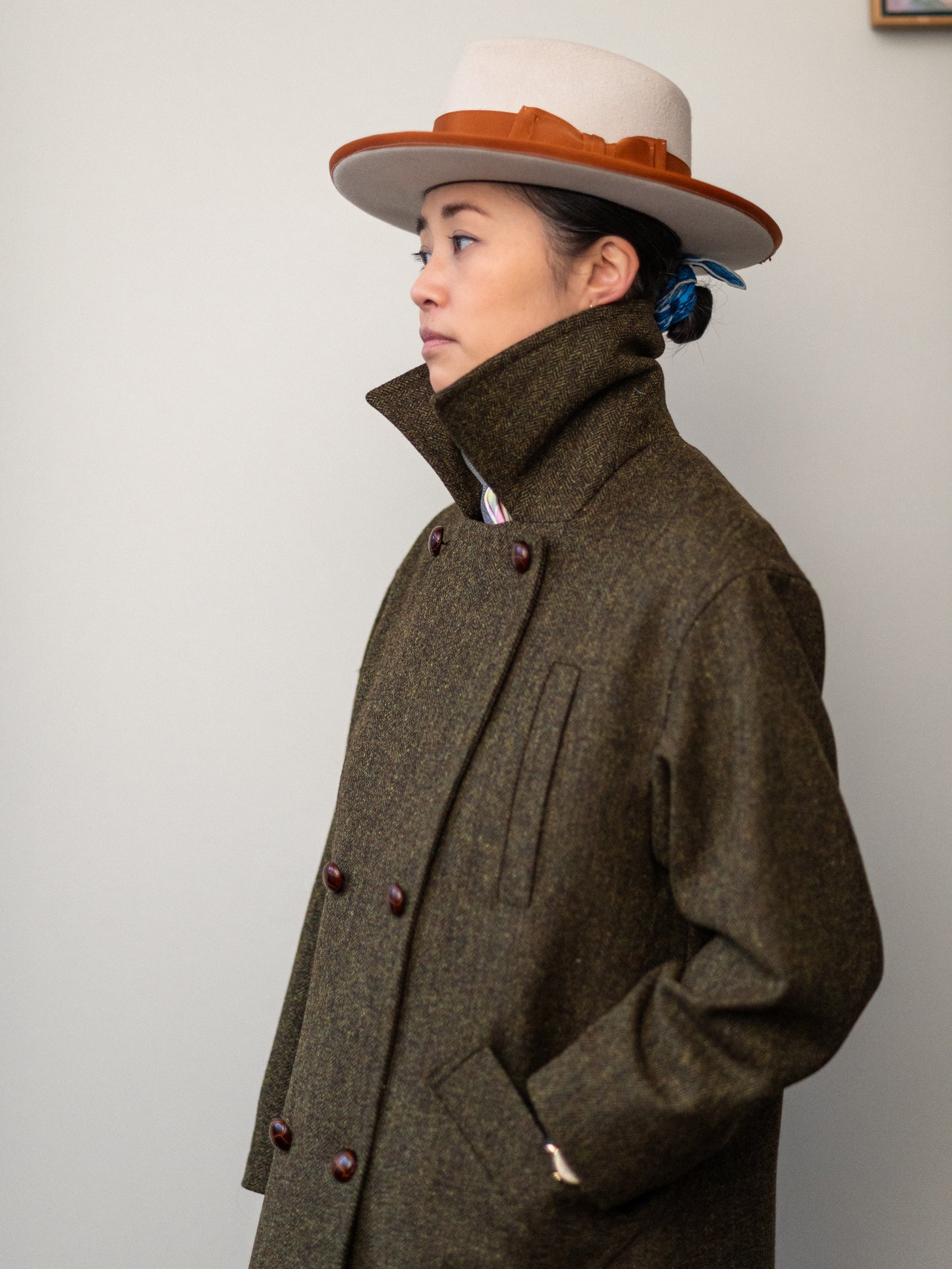 Long Peacoat / Khaki Herringbone Tweed