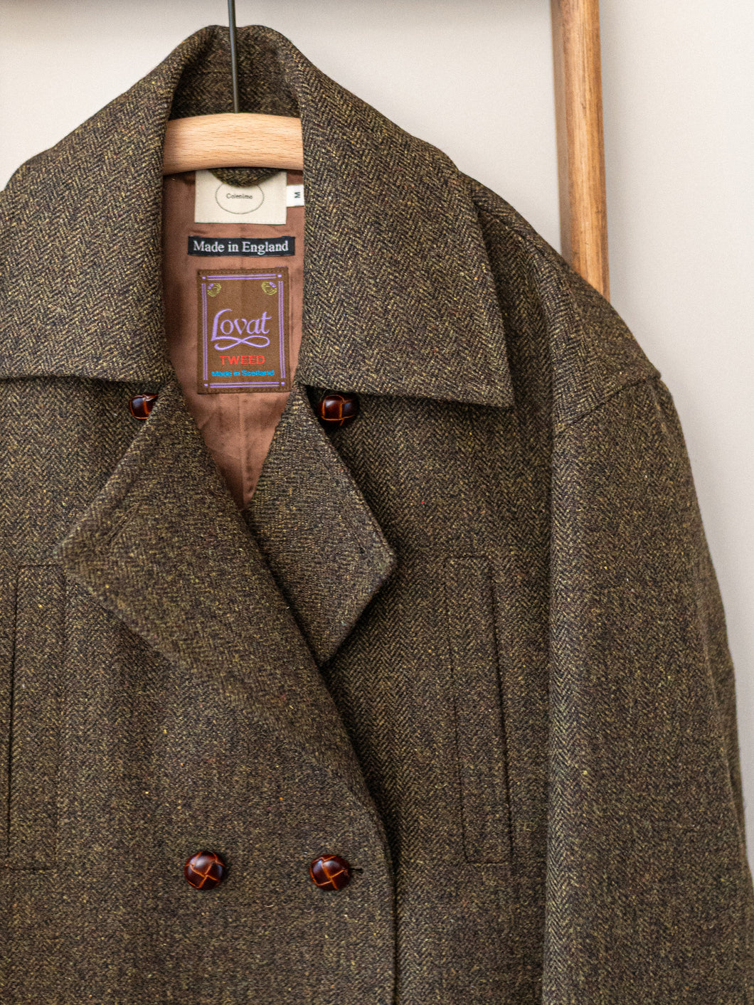 Long Peacoat / Khaki Herringbone Tweed