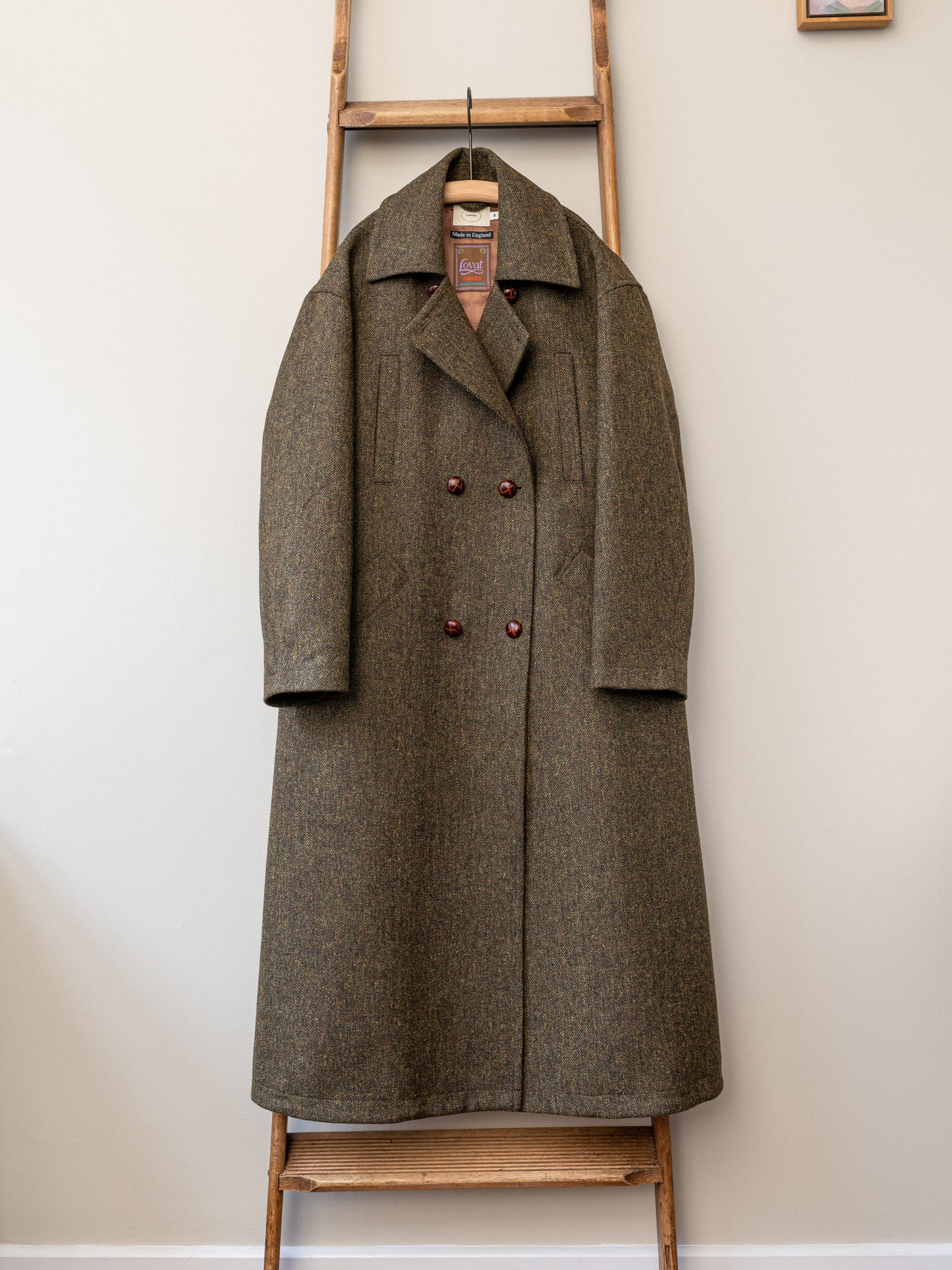 Long Peacoat / Khaki Herringbone Tweed