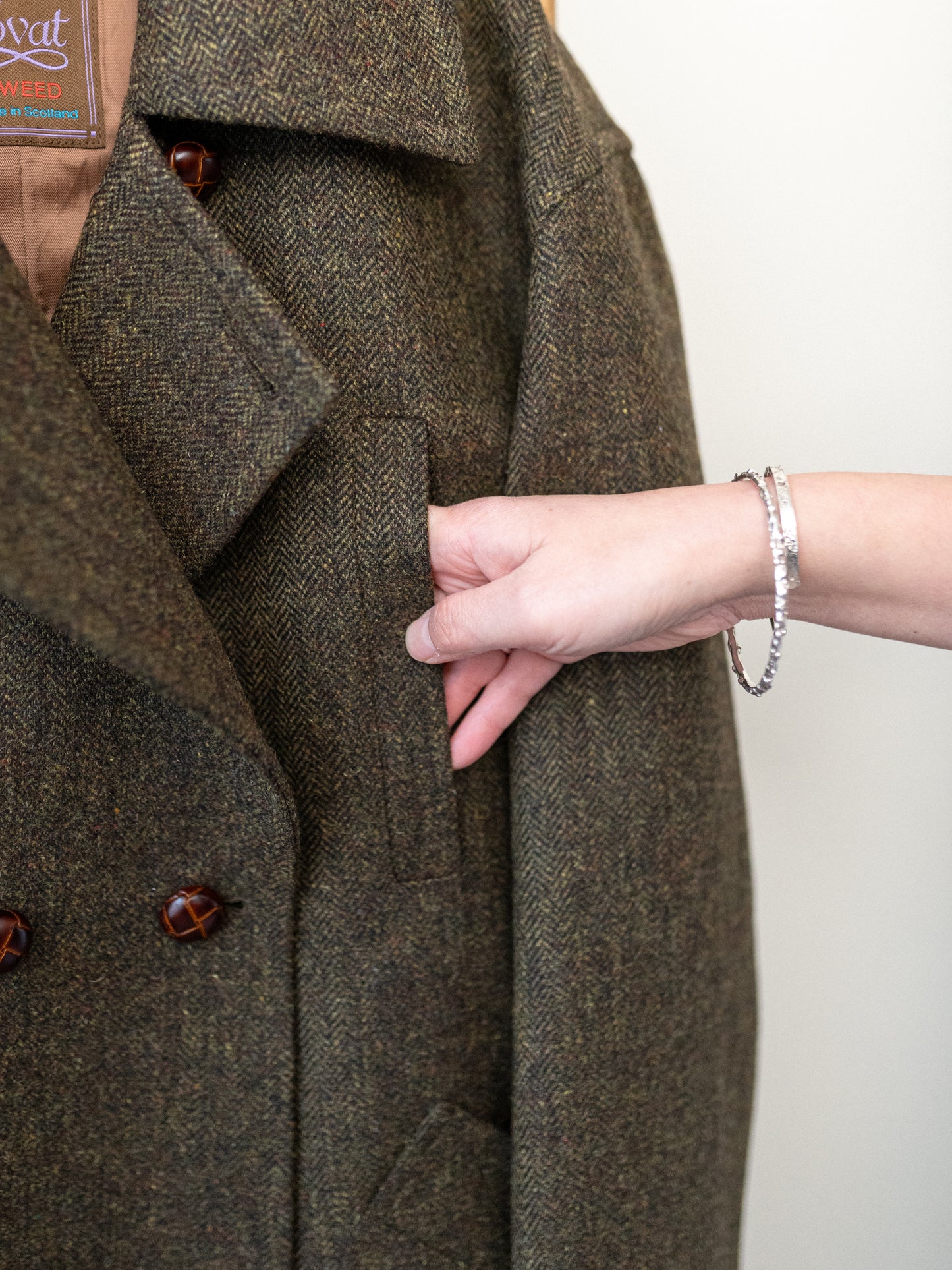 Long Peacoat / Khaki Herringbone Tweed