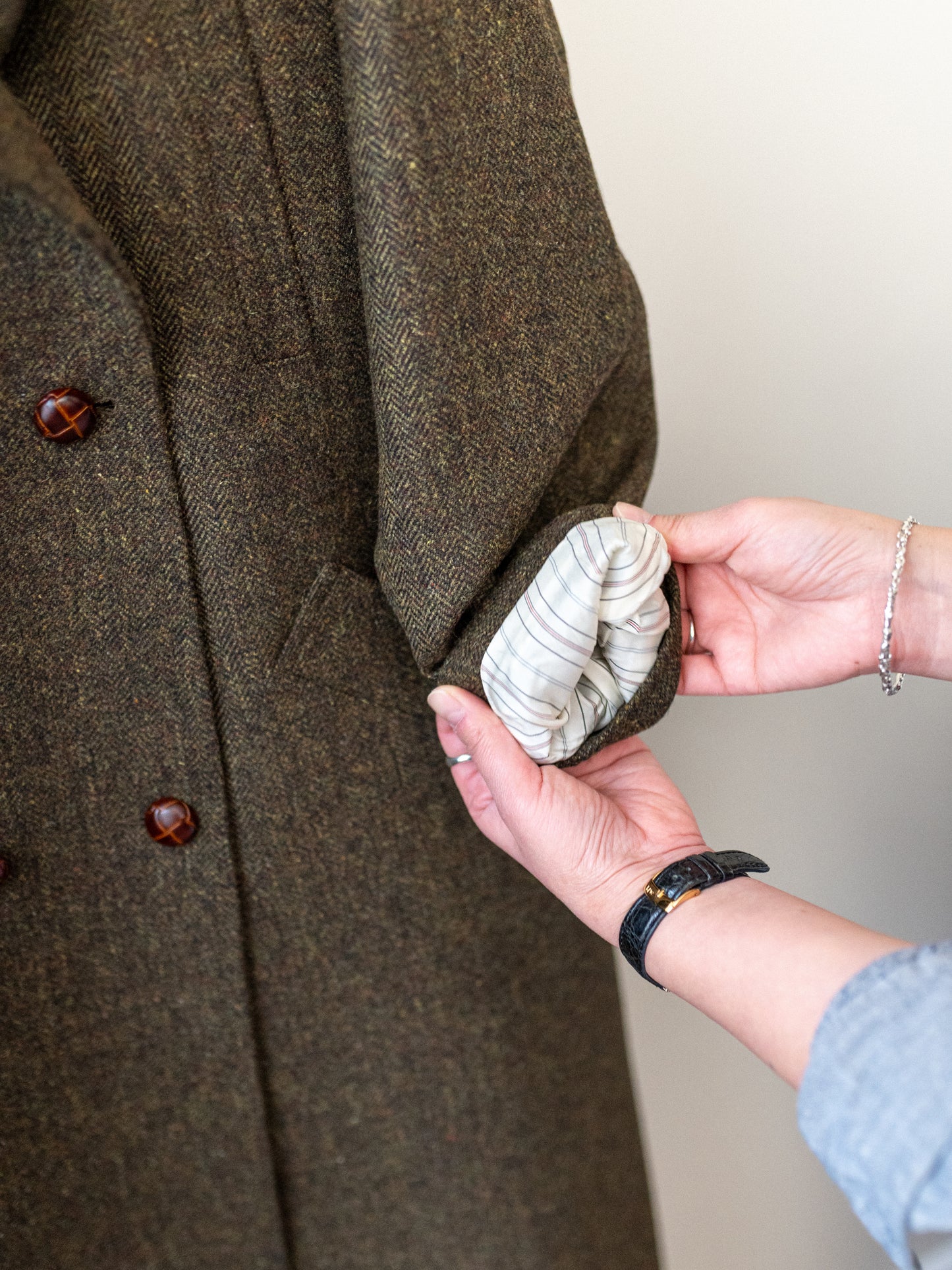 Long Peacoat / Khaki Herringbone Tweed