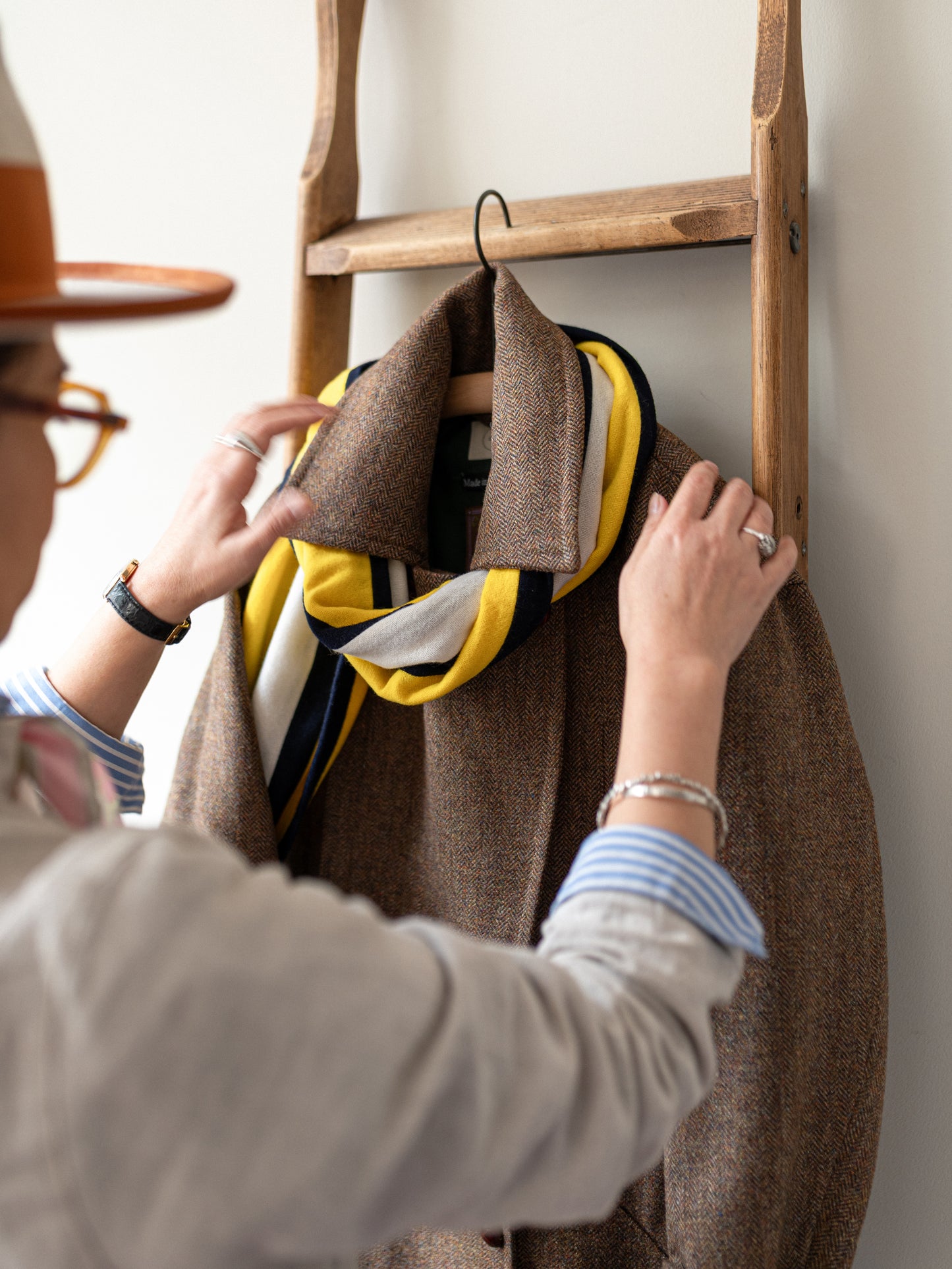 Long Peacoat / Brown Herringbone Tweed