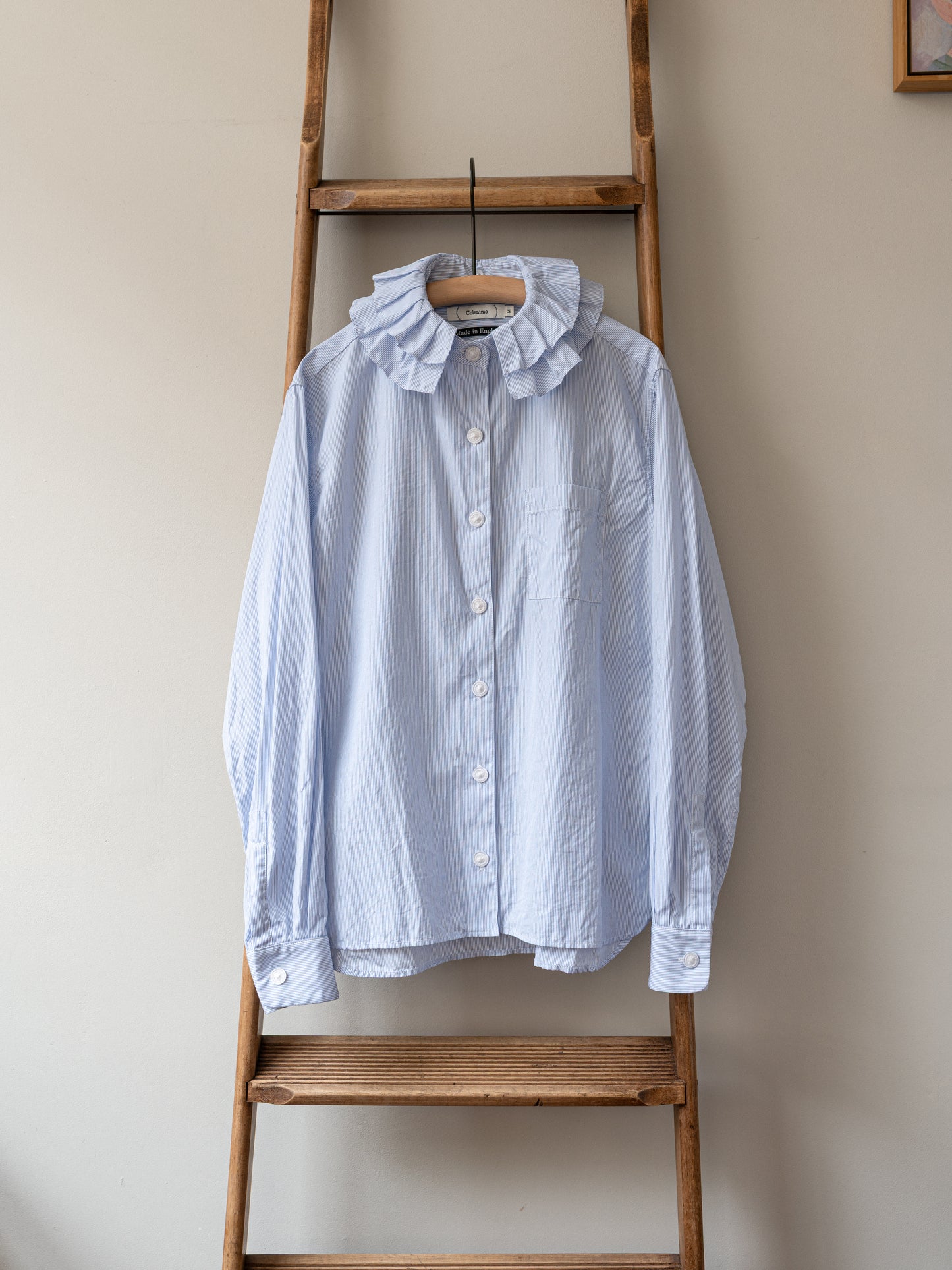 Detachable Ruffle Collar Top / Blue Pin Stripe