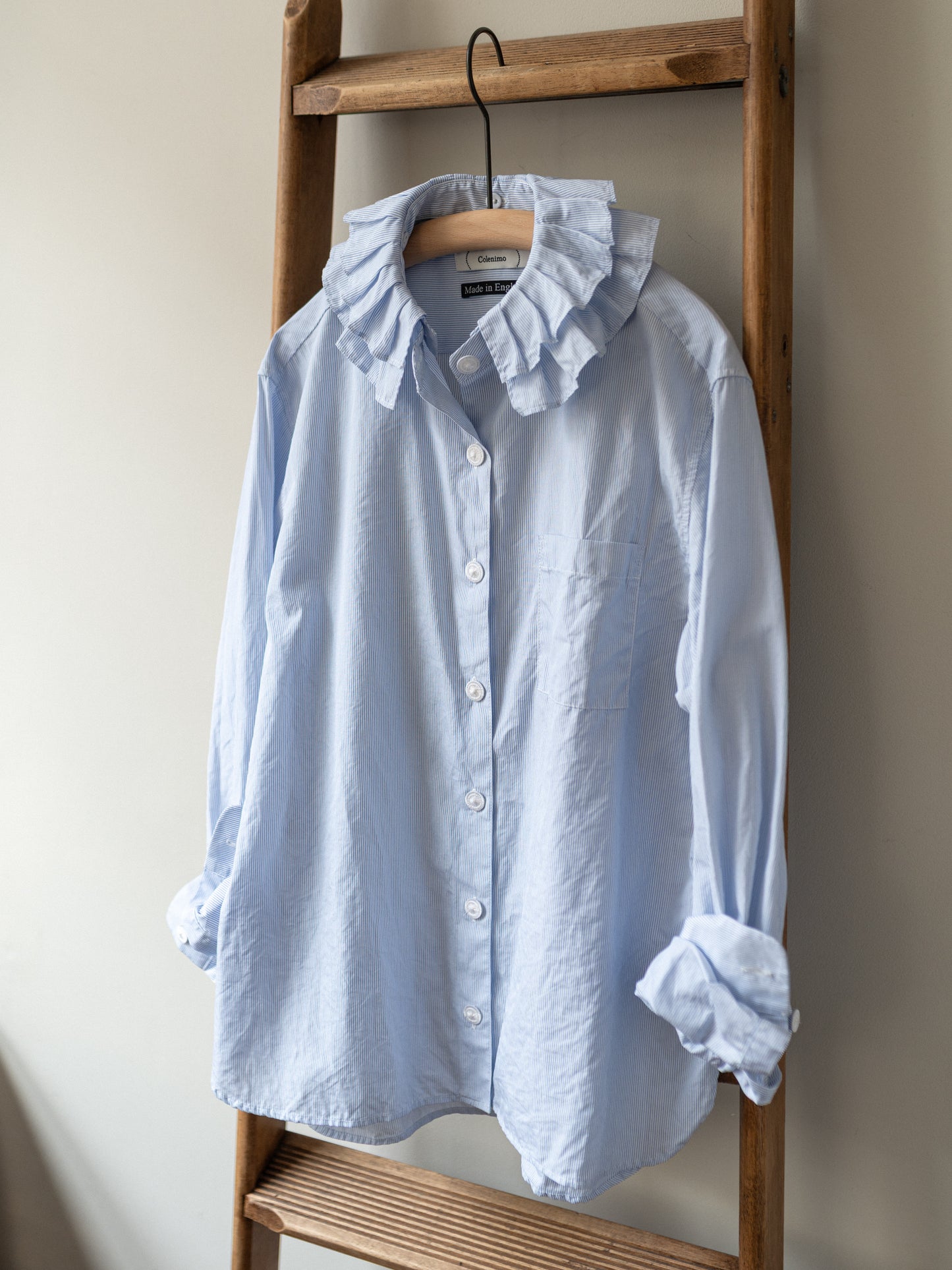 Detachable Ruffle Collar Top / Blue Pin Stripe