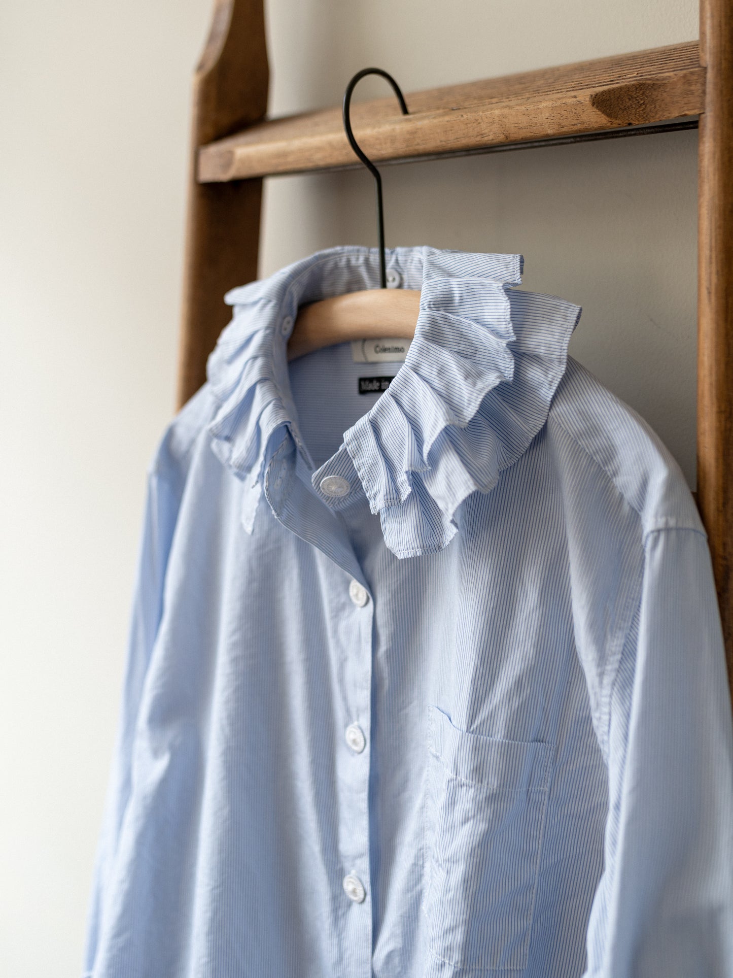 Detachable Ruffle Collar Top / Blue Pin Stripe