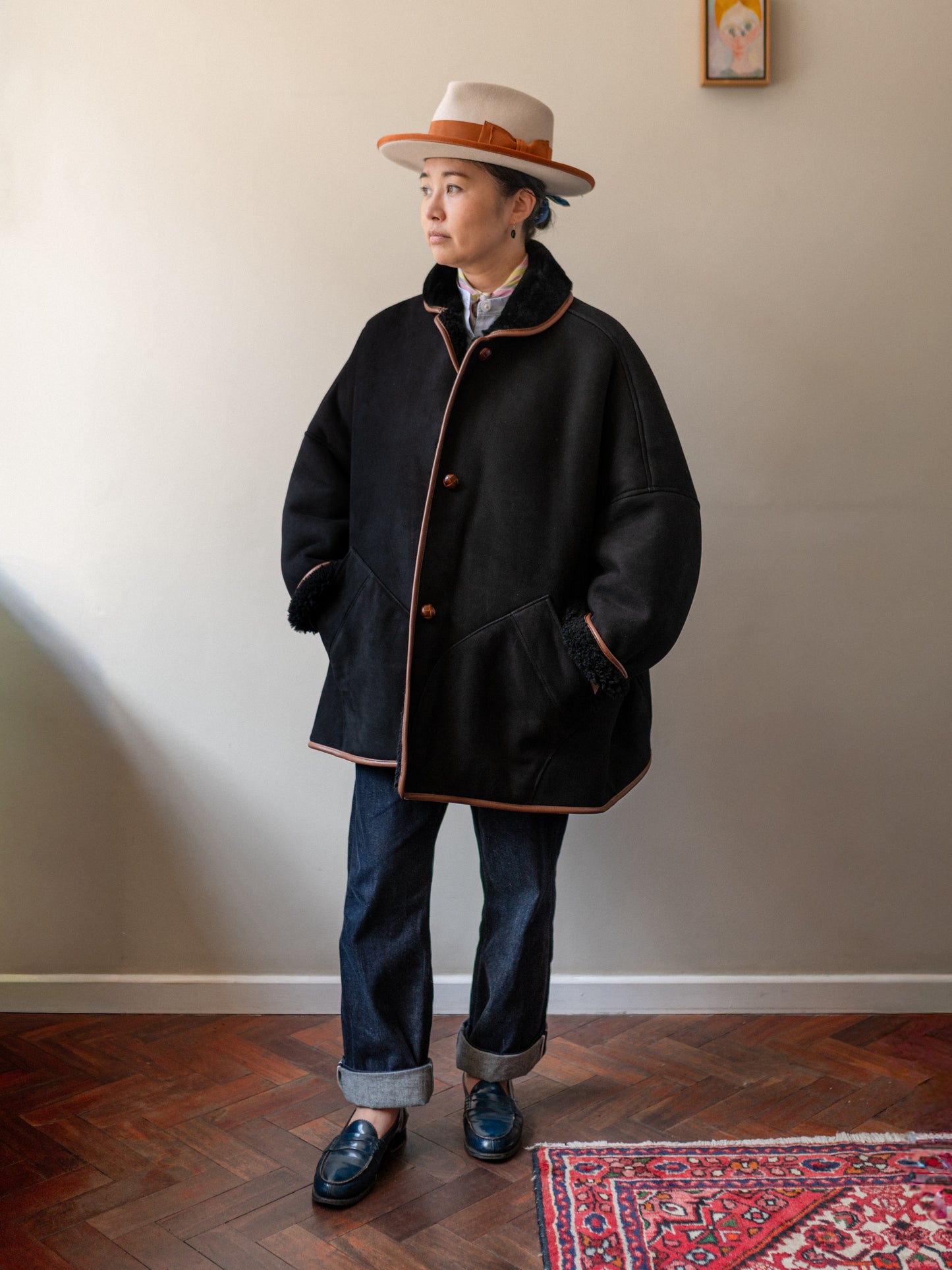 Sheepskin Reversible Poncho Coat / Black