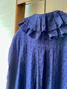 Cotton Dots Ruffle Collar Dress / Blue