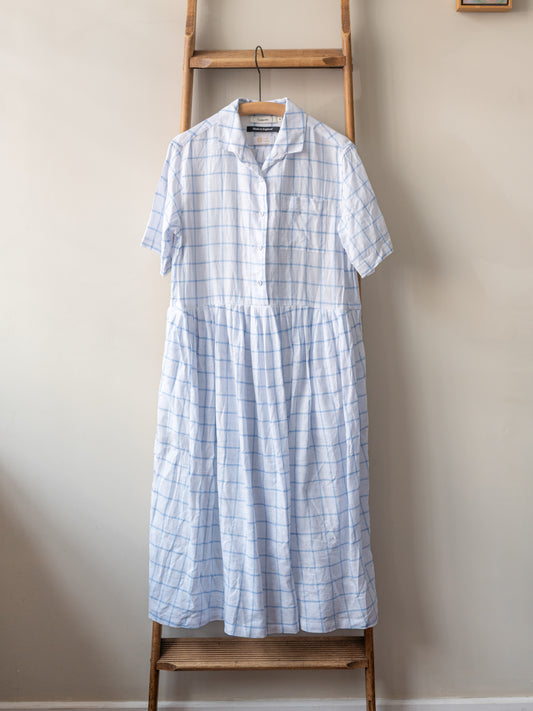 Irish Linen Windowpane Dress / White & Blue