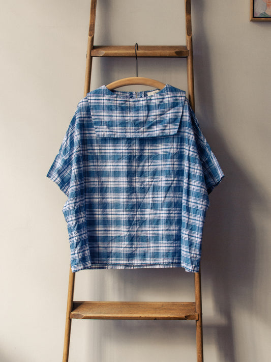 Backwards Sailor Collar Top / Linen Blue Check