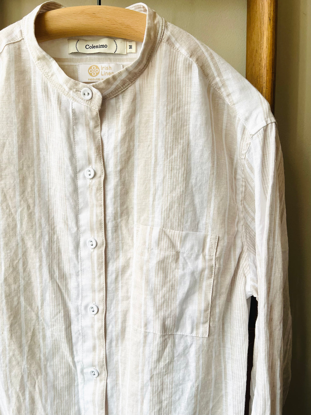 Irish Linen Band Collar Top / Beige Stripe