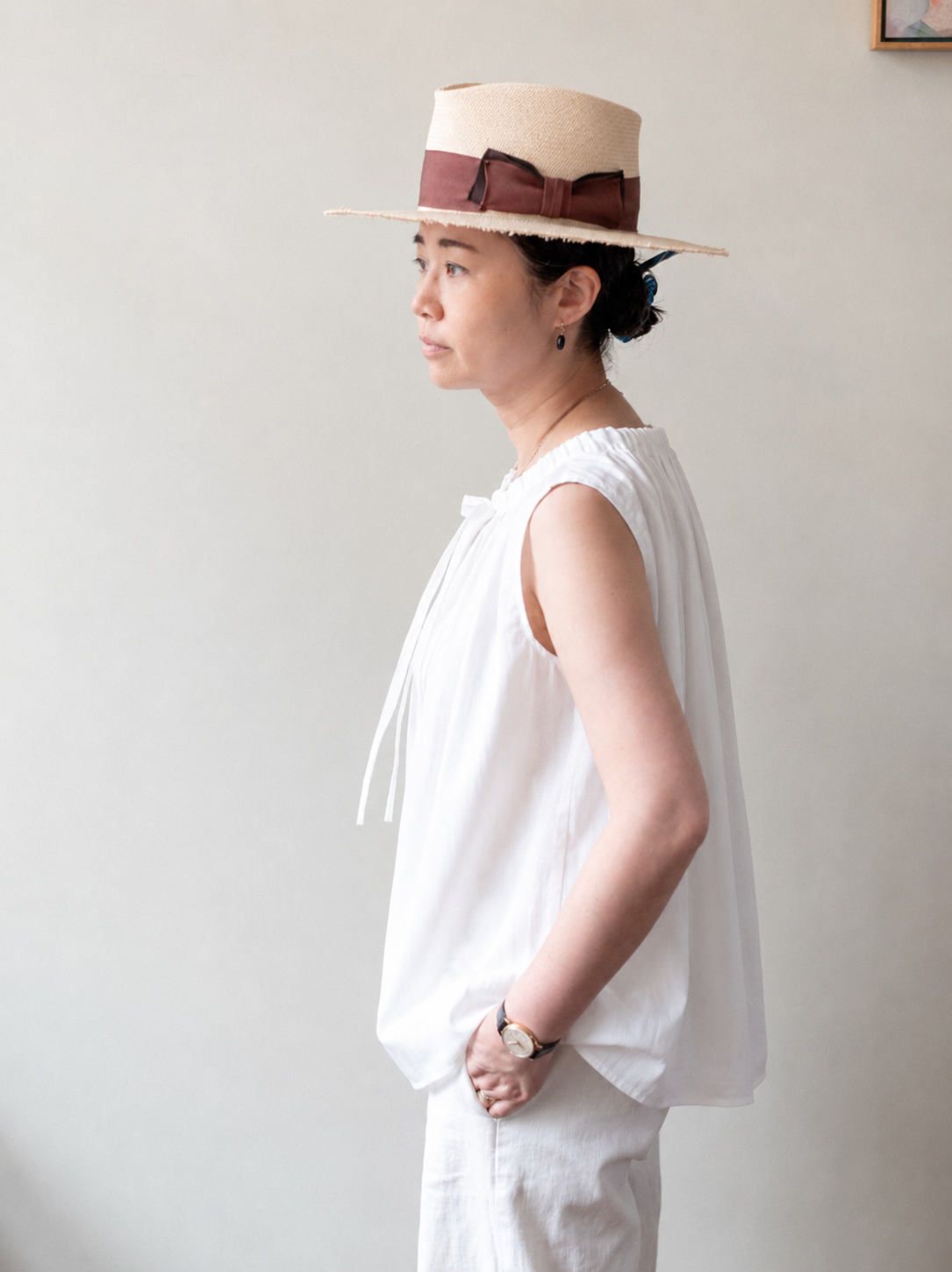 Sleeveless Ribbon Top / White Poplin